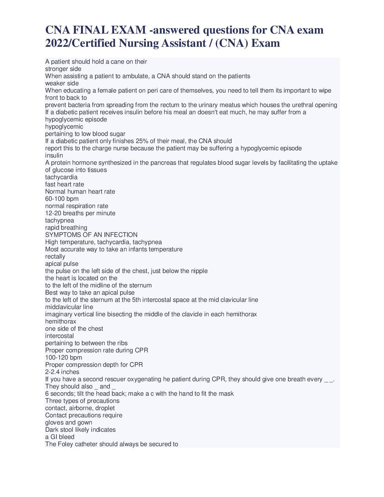 Preview image for CNA FINAL EXAM -answered questions for CNA exam 2022/Certified Nursing Assistant / (CNA) Exam